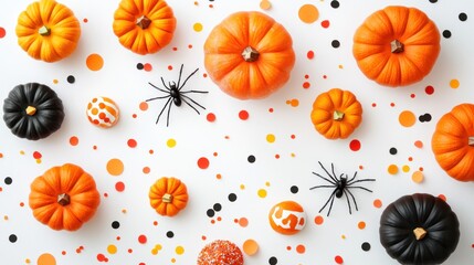 A festive arrangement of pumpkins and decorations for Halloween.