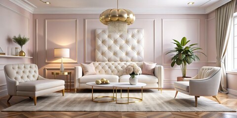 Serene Sophistication Luxurious White Tufted Sofa in Contemporary Living Room with Elegant Accents, Warm Lighting, and Airy Ambiance - Interior Design Inspiration