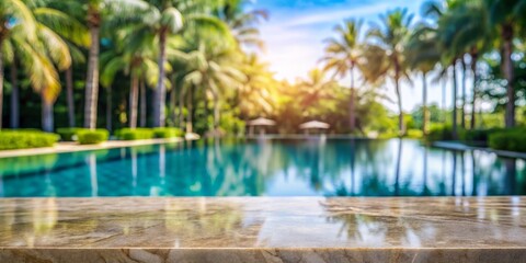 Serene Tropical Escape Close-up of Polished Marble Countertop with Palm Tree Oasis Background - Relaxing Vacation Concept
