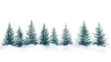 Evergreen trees rise gracefully against a soft white snowfall creating a peaceful atmosphere