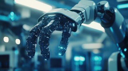 Smart industry robot arms for digital factory production technology showing automation manufacturing process of the Industry 4.0 or 4th industrial revolution and IOT software to control operation .