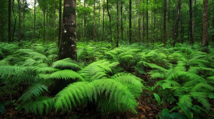 Vibrant ferns flourish among the underbrush in a rich rainforest habitat