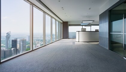 Fototapeta premium Clean office corridor with panoramic windows, city view, reception desk and daylight. 3D Rendering.
