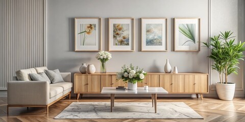 Fototapeta premium Symmetrical Modern Living Room Interior with White Sofa and Nature-Inspired Artworks, Minimalist Design for Tranquil Home Decor Inspiration