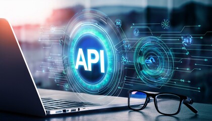 Close up of laptop and glasses with creative API hologram on blurry background. Application Programming Interface concept. Interaction with digital icons representing API, security. Double exposure.