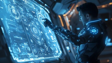 A man in his early 40s, wearing a high-tech exosuit with glowing blue lines, gestures toward a massive digital screen displaying alien markets inside a research station on an ocean planet. The