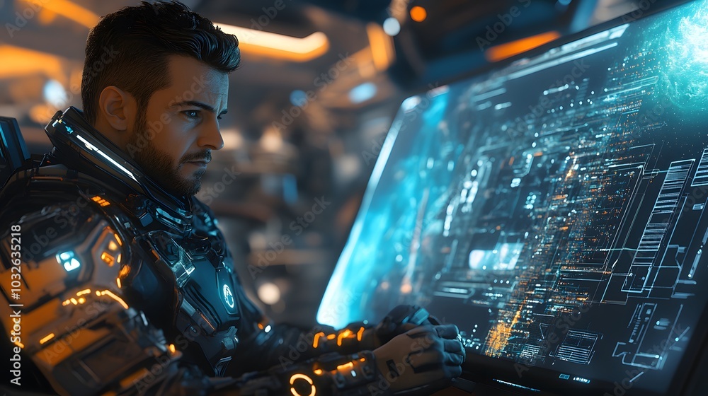 Poster a man in his early 40s with neatly groomed hair, wearing a high-tech suit embedded with glowing circ