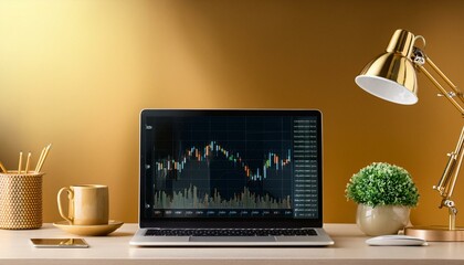 Close up of laptop with forex chart on designer office desk with coffee cup, lamp and supplies. Golden wall background. Financial company workplace concept. 3D Rendering.