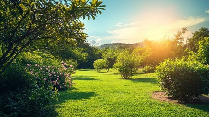 Fototapeta premium Landscape featuring hopeful elements like bright skies, lush greenery, or a serene view 