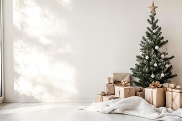 Christmas living room with wreath and cozy armchair