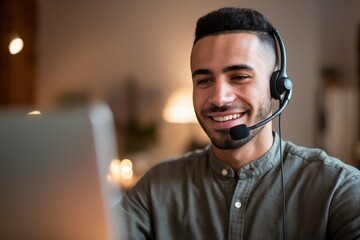 Customer service representative from North Africa smiling during a video call, wearing a headset and engaging with a client through an online meeting