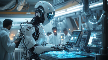 A robot is working on a computer in a lab