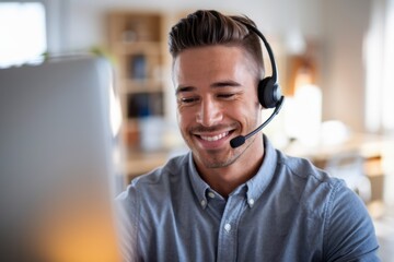 A young customer service representative from America, smiling and wearing a headset while engaging with a client during a video call