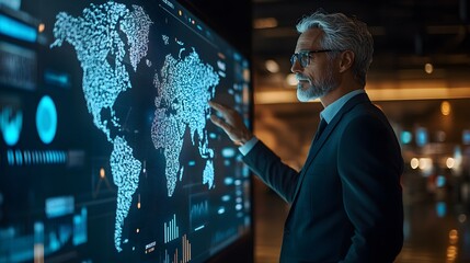 A man in his late 40s with silver hair, wearing a tailored designer suit, stands beside a large interactive screen displaying complex financial data in a high-end tech office. His colleagues, all