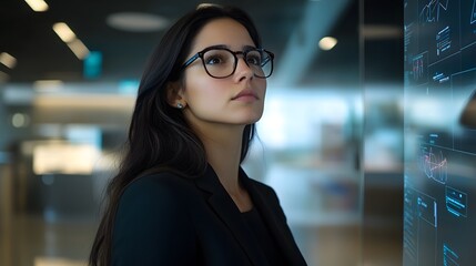 A woman in her mid-30s with long dark hair, wearing a fitted black blazer and stylish glasses, stands at a digital board in a high-tech companyâ€™s boardroom. The sleek design of the room, with glass