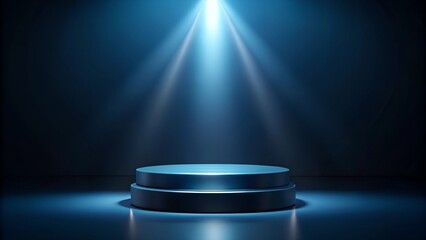 A dark navy blue background with a luminescent cylinder podium, ideal for dramatic product displays and modern design aesthetics