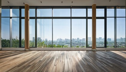 Fototapeta premium Contemporary spacious interior with wooden flooring, panoramic windows with city view and daylight. 3D Rendering.