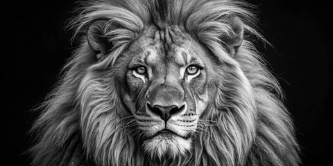 Naklejka premium Black and White Portrait of a Lion's Majestic Gaze, wildlife, photography