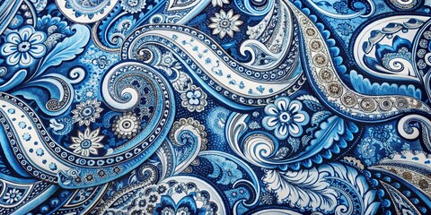 Blue and White Paisley Floral Pattern, Textile, Fabric, Pattern