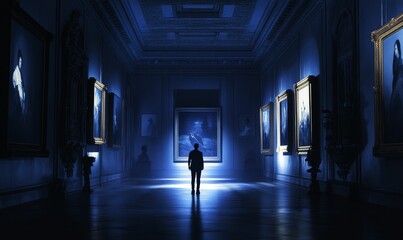 A man stands in a dimly lit gallery.