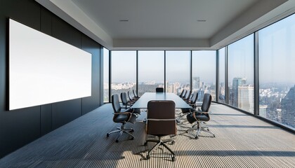 Fototapeta premium Modern meeting room interior with panoramic windows, city view and empty white mock up banner. 3D Rendering.