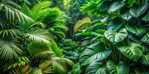 Lush Tropical Rainforest Foliage, Jungle, Palm Leaves, Green, Nature, Background, Texture