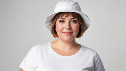 Plus size woman with short hair wearing white t-shirt and white bucket hat isolated on grey background