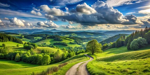 Serene Winding Road Through Lush Green Hills With Dramatic Cloudscape, Landscape Photography, Nature Scenery, Countryside
