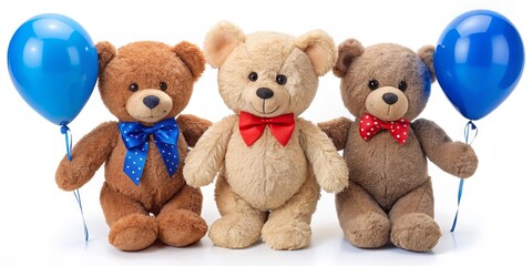 Three Teddy Bears Holding Blue Balloons, White Background, Stuffed Toys, Birthday Party ,Teddy Bear, Balloon
