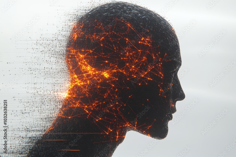 Aufkleber digital profile of a human head dissolving into glowing orange particles symbolizing transformation 