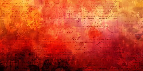Fototapeta premium Abstract background with manuscripts and brush texture, rich red and orange tones, artistic style.