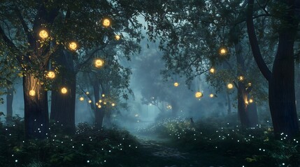 Fototapeta premium A mystical forest scene illuminated by glowing orbs hanging from tree branches. The air is filled with a soft mist, and the ground is dotted with small, bright blue lights resembling fireflies. 