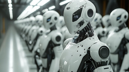 Fototapeta premium A robot is standing in a row of robots