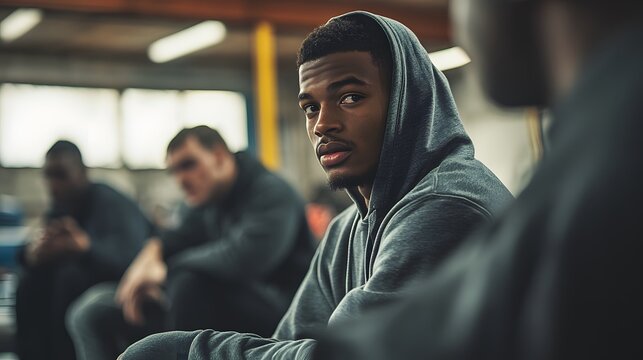 A man in his late 20s, wearing a hoodie and joggers, sits with his friends in a local boxing gym. They discuss turning the gym into a nonprofit organization aimed at mentoring young athletes in the - Powered by Adobe