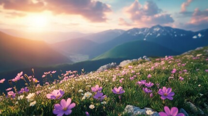 Obraz premium Colorful flowers thrive on a mountainside during sunset painting the landscape in warmth
