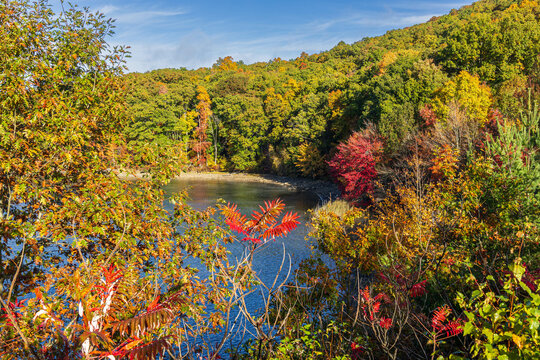 Brightly colored plants and trees surround Quabbin Reservoir