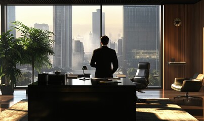 Fototapeta premium A businessman looking out a window at a city skyline.