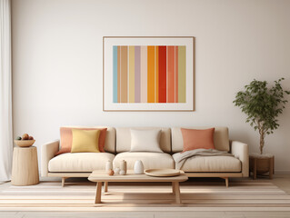 Modern living room interior with stripe elements in interior and decor. Scandinavian minimalist living room with stripes. 