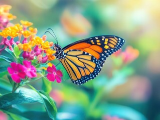 Fototapeta premium Butterfly on flower with vibrant wings, soft lighting, cozy garden setup.