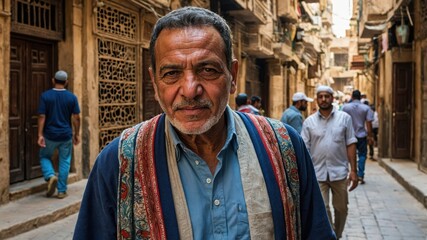 Fototapeta premium A man walking on the streets of Cairo, surrounded by the city's vibrant atmosphere, with traditional architecture in the background
