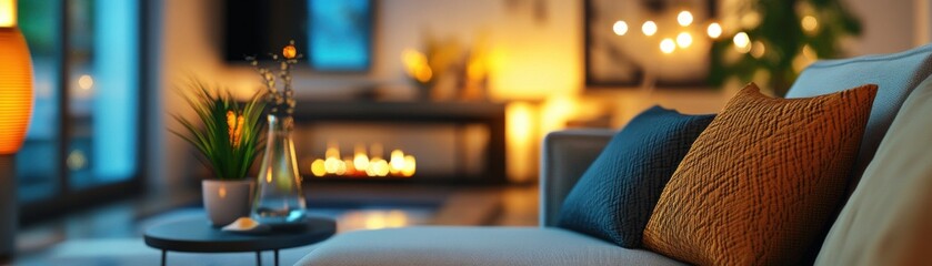 Contemporary home with vibrant lighting, sleek design, cozy setup.