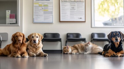 Notice board at a modern vet waiting room with dogs and cats lying around pet hospital. Care in a veterinary clinic concept. 