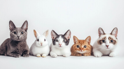 Five animals, including cats and a rabbit, sit in a row on a white background. Each animal looks attentive and curious. Fur colors range from gray to ginger