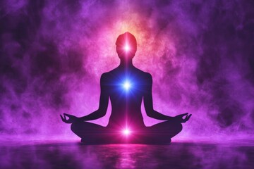 Silhouette of a meditative figure with glowing chakras seated against a purple mist background symbolizing spiritual awakening energy balance and the cosmic connection of body and mind