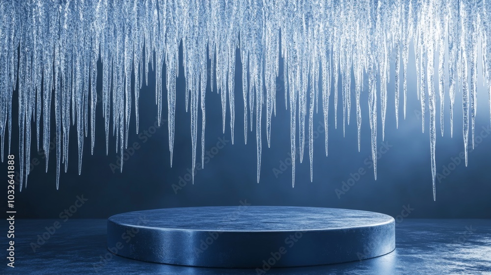 Aufkleber Delicate icicles dangle from an overhead structure, reflecting soft blue light in a serene atmosphere. Below lies a circular platform, creating a captivating interplay of shapes and textures.