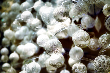White shiny Christmas ornaments and decorations holiday season