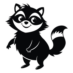 Minimalist black stencil of a fluffy raccoon carto vector illustration.