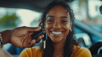 Woman receiving keys of her new car from dealer