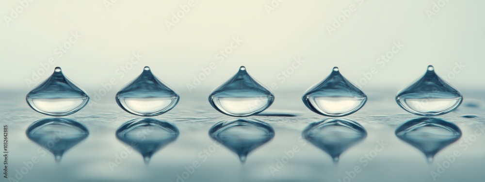 Poster identical raindrops aligned on a glass surface, reflecting light and creating a mesmerizing pattern 