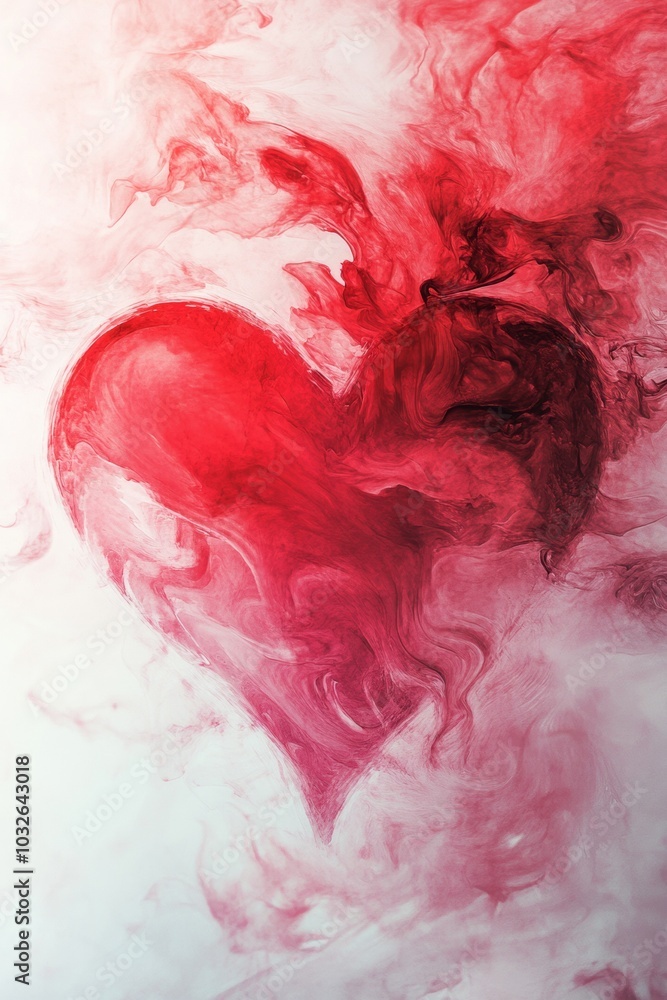 Poster a vibrant red heart shape emerging from swirling clouds of color in an artistic abstract design